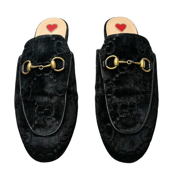 Gucci Princetown Velvet Horsebit Mules Black GG Logo Loafers EU 37 US 7 Monogram - Picture 2 of 11